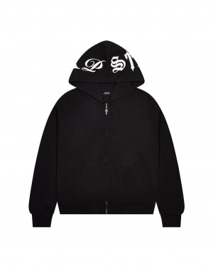 Trapstar Script Waffle Men's Hoodies Black USA | 28FGSAUKL