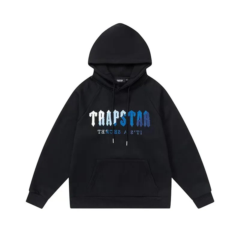 Trapstar Blue Logo Men\'s Hoodies Black USA | 60NEWMQRY