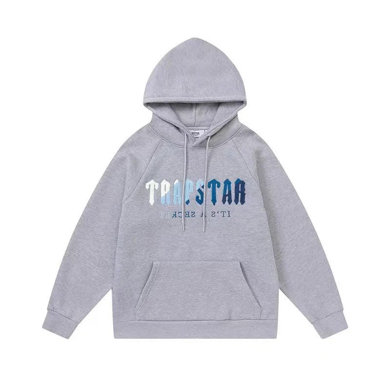 Trapstar Blue Logo Men\'s Hoodies Grey USA | 63ALYMPFQ