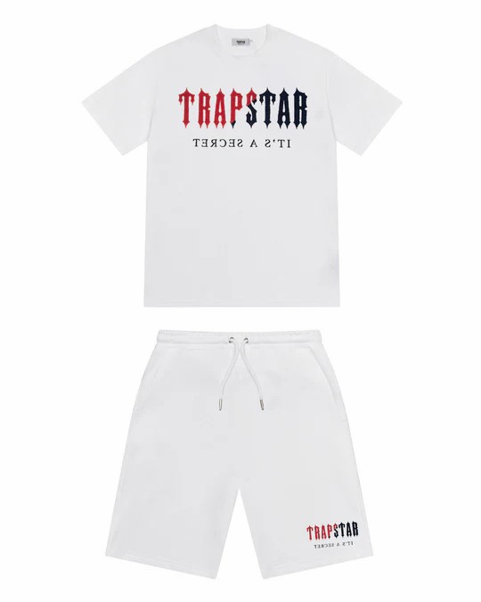 Trapstar Chenille Decoded Men\'s Short Set White / Red USA | 29ZFKNLXG