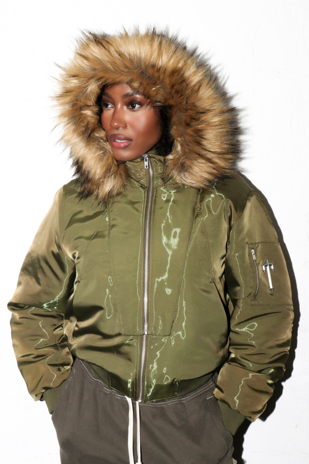 Trapstar Script Fur Hood Bomber Women's Jackets Khaki USA | 13ZENDJLG