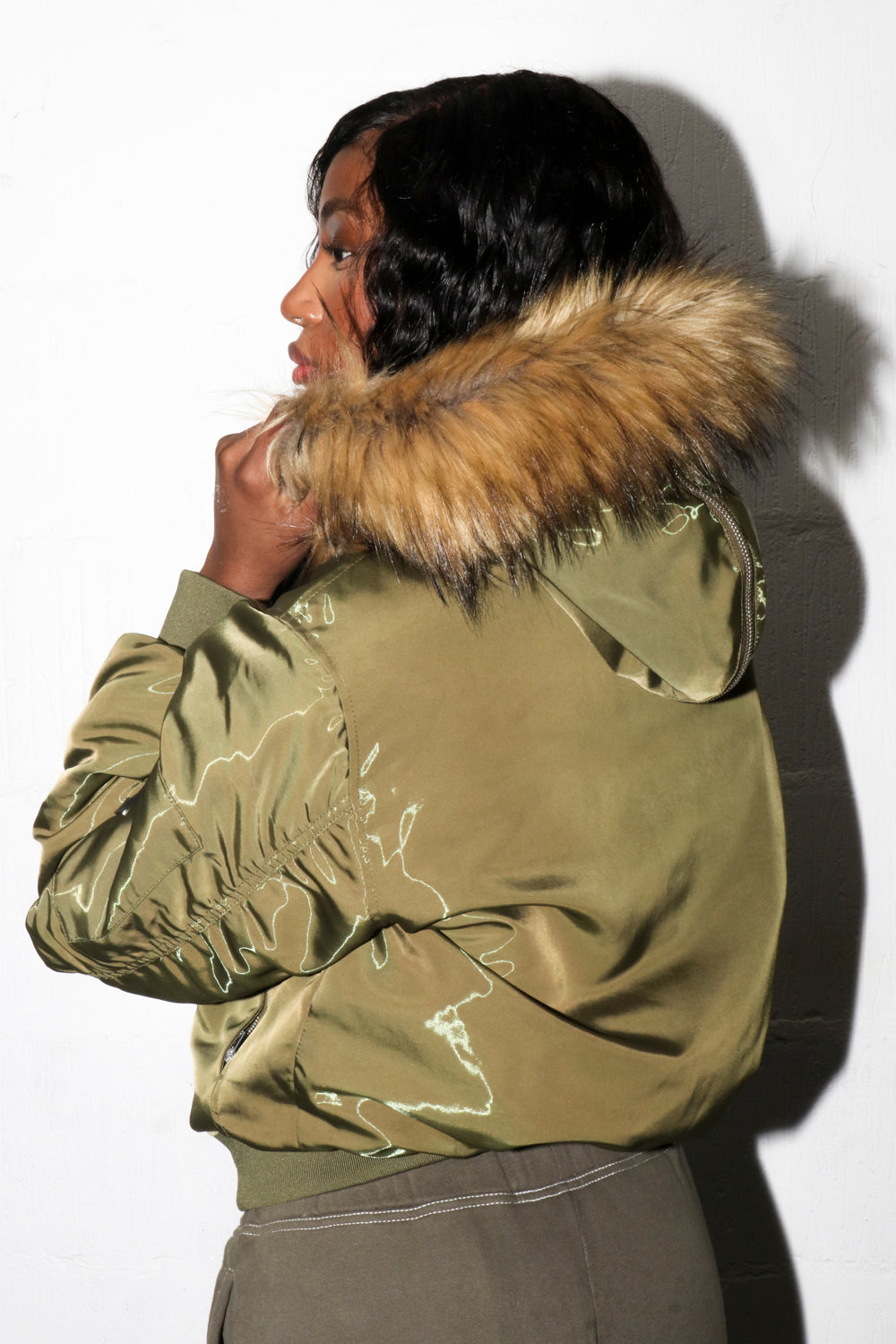 Trapstar Script Fur Hood Bomber Women's Jackets Khaki USA | 13ZENDJLG